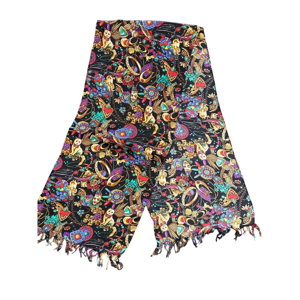 Edgemont Vintage 100% Silk Scarf With Colorful Carnival Masks & Cats Design Frin